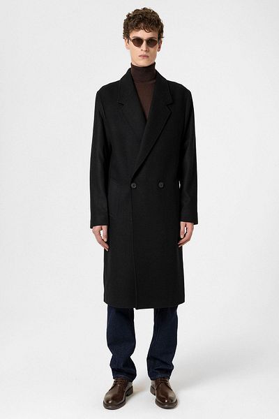 Antioch Black Wool Blended Herringbone Double Breasted Men's Coat