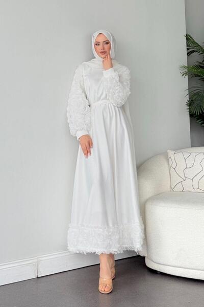 Şulemoda Giyim Βραδινό φόρεμα με λευκά τριαντάφυλλα - Λεπτομέρειες στα μανίκια και την άκρη της φούστας