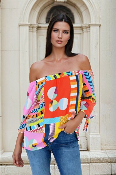 Juuuj Colorblock, γιακάς Madonna, μανίκια δεμένα μανίκια, μπλούζα