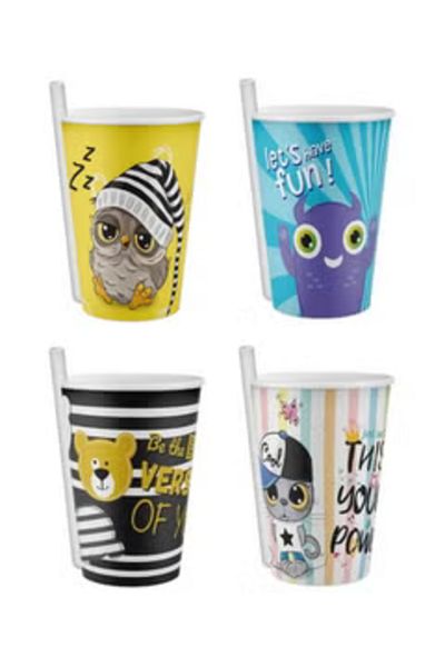 Titiz Plastic Kids Mug with Straw 4 Pcs Set