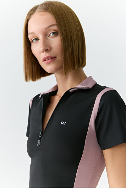 Urban Beat Vickie Women's Stand Collar Zip-Up Black-Rose Dried T-Shirt