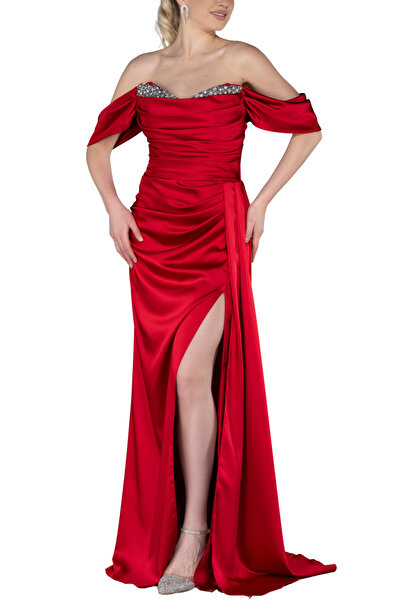 Arden Uzun Abiye Elbise, Saten Madonna Yaka, Taş Detay, Yırtmaçlı, Düğün, Nişan, Mezuniyet Elbisesi, 38-44