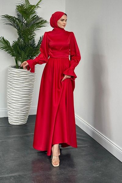 MERVEN AKYÜZ Red Belina Ruffle Cross Sleeve Evening Dress