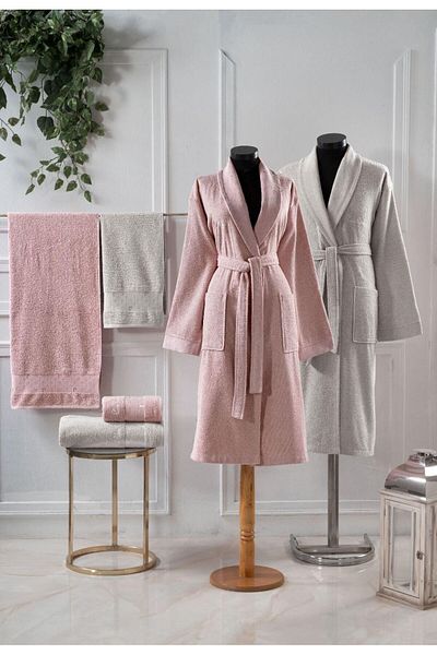 Pierre Cardin Powder-Beige Print 100% Cotton 6-Piece Bathrobe Set - 2 Faces and 2 Bath Towels Q.K.Br.Nz.St