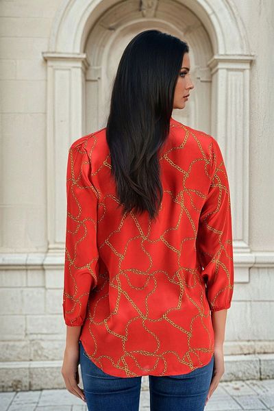 NEW LAVİVA Red V-Neck, Chain Print, Long Sleeve, Classic Fit Blouse