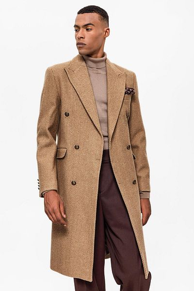 Antioch Camel Herringbone Patterned Double Breasted Men's Coat