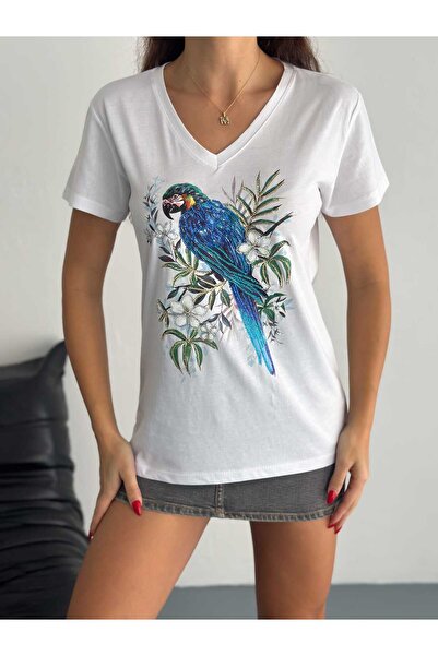 Butik Serdivan الببغاء الطيور نمط الترتر الترتر المرأة تي شيرت الخامس الرقبة ...