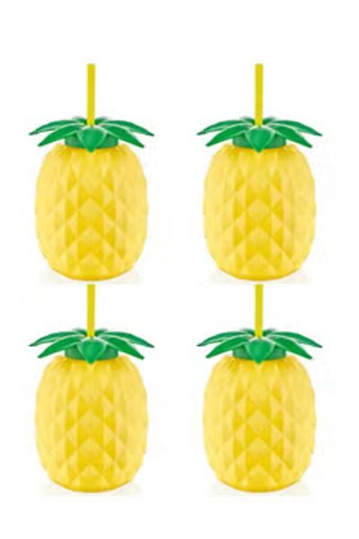 Qlüx Plastic Juice Bottle with Straw Pineapple Shape 4 Pcs Set 12,5X18,5 CM