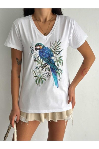 Butik Serdivan Parrot Bird Pattern Sequin Sequin Women's T-Shirt V-Neck 100% Cotton Laderra Style New Season Trend