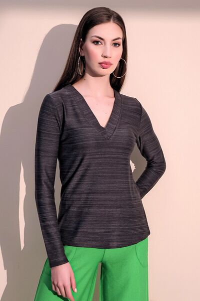 Juuuj Γυναικεία μπλούζα από ανθρακί με αυτοκατασκευή με λαιμόκοψη σε σχήμα V ...
