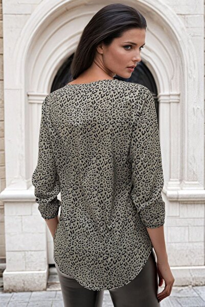 Juuuj Χακί λεοπάρ στάμπα, μπλούζα σιφόν με ελαστική λεπτομέρεια στα μανίκια
