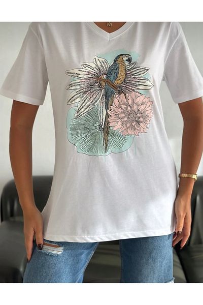 Butik Serdivan Women's V-Neck Sequin Sequin Plus Size T-Shirt - Parrot Bird Print, 100% Cotton, Laderra New Season
