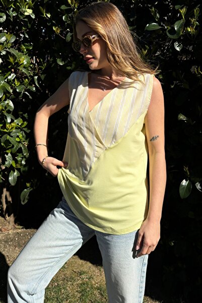 Juuuj المرأة الصفراء مزدوجة الصدر الخامس الرقبة، بلا أكمام، كتلة اللون، بلوزة...