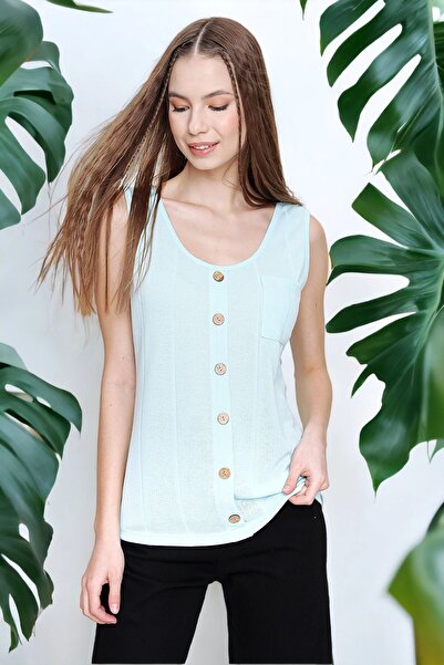 Juuuj Γυναικεία Water Blue Zero Sleeve με λεπτομέρεια Regular Cut Standard μήκους λουράκι με κουμπιά Λεπτή πλεκτή μπλούζα πλεκτό