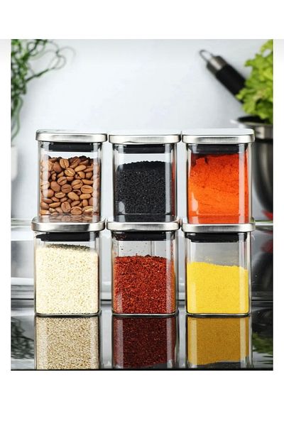 Pembelia Life Luxury Glass 250ml Spice Rack Set - Set of 6 Metal Square Lids