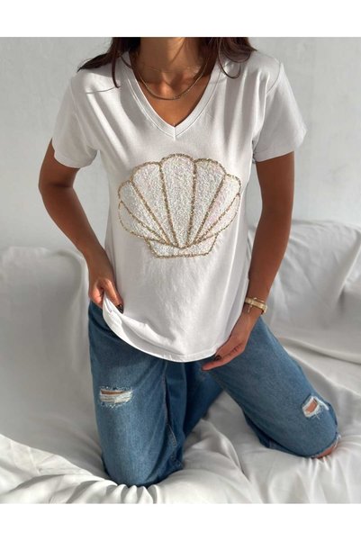Butik Serdivan Seashell Print Women's T-Shirt Sequin and Sequin Embroidered V-Neck Laderra New Season 100% Cotton Tee Shirt