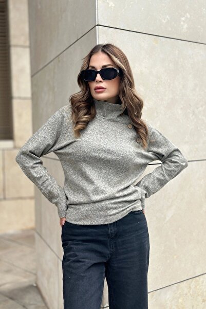 Juuuj Γυναικείο μπεζ αυτο-μοτίβο, μαλακό ύφασμα, μακρυμάνικο, λεπτομέρεια με κουμπιά, μπλούζα με λαιμόκοψη