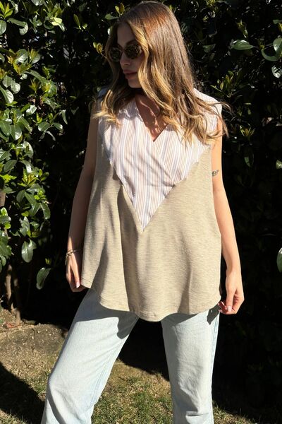 Juuuj Γυναικεία μπεζ διπλό στήθος V-λαιμόκοψη, αμάνικη, έγχρωμη μπλούζα, φαρδ...