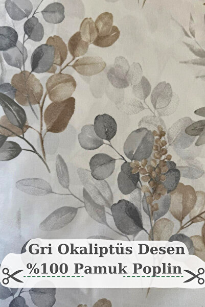 KAMİZ %100 Pamuk Gri Okaliptüs Baskılı Poplin Kumaş- Nevresim-Çarşaf-Yastık-Elbise-Çanta- 240 Cm Geniş En