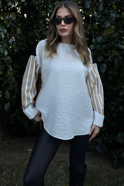 Juuuj Bloc de culoare muștar pentru femei, croială ovală cu fustă, bluză lentă din in