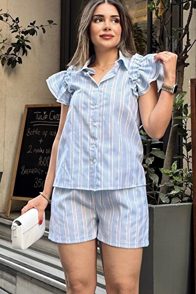 Juuuj Women's Blue Short Sleeve, Flare Ruffle Design on the Shoulders, Sweat-Proof, Stripe Pattern Fisto Shirt
