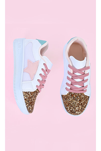 MECH BUTİK Kız Çocuk Beyaz Spor Ayakkabısı Pembe Yıldızlı Altın Renk Pullu Renkli Bağcıklı Sneaker