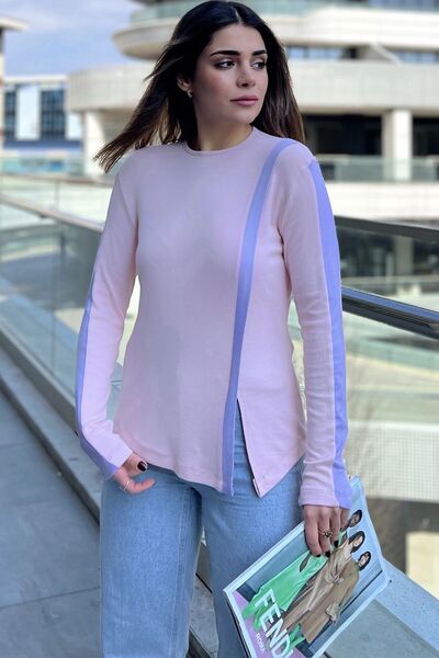 Juuuj Bluză de damă roz cu gât rotund, mânecă lungă, cu dungi, bluză conforta...