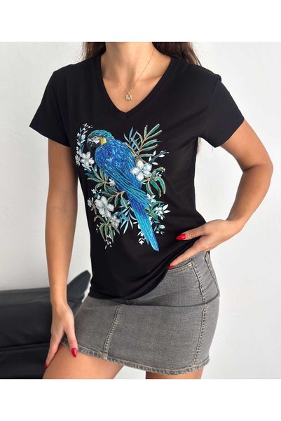 Butik Serdivan Parrot Bird Pattern Sequin Sequin Women's T-Shirt V-Neck 100% Cotton Laderra Style New Season Trend