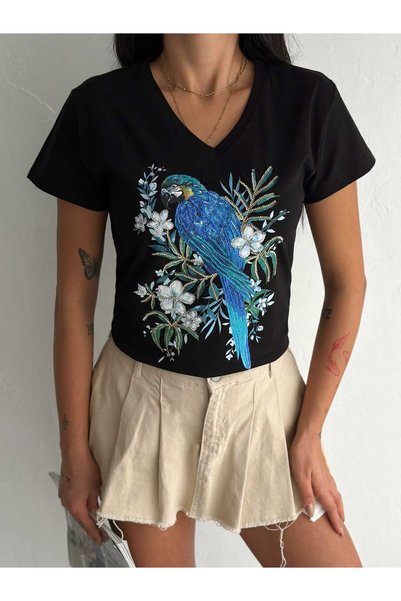 Butik Serdivan Parrot Bird Pattern Sequin Sequin Women's T-Shirt V-Neck 100% Cotton Laderra Style New Season Trend