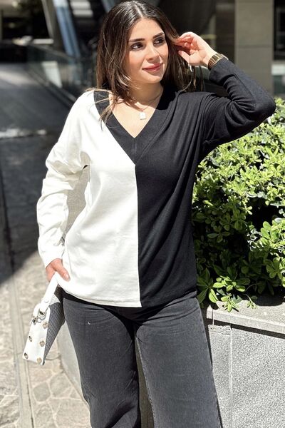 Juuuj Γυναικεία λευκή & μαύρη μπλούζα με χρωματικό μπλοκ, λαιμόκοψη σε σχήμα ...