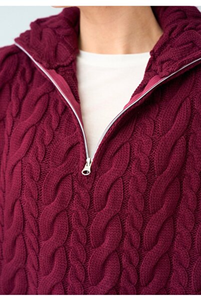 Qu Style Kamyoner Yaka  Saç Örgüsü Bordo Kazak