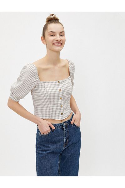 Koton Balloon Sleeve Blouse Checked Buttons Square Neck