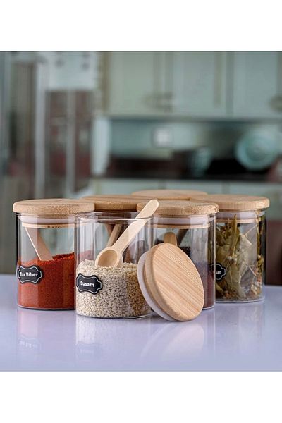 Pembelia Life Glass Spice Holder Set with 6 Spoons and Sticker 250 ml Bamboo Lid Spice Holder Set