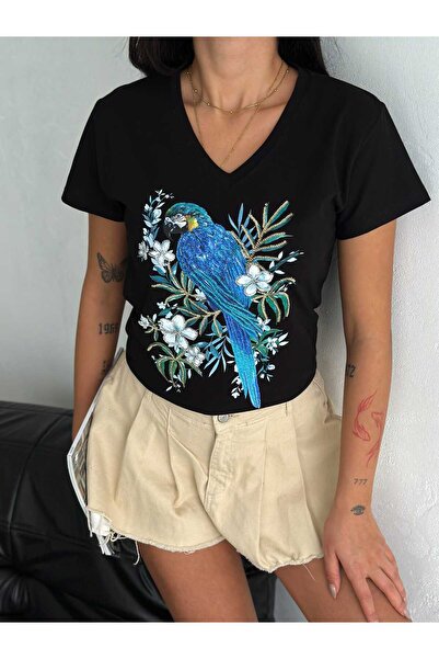 Butik Serdivan Parrot Bird μοτίβο παγιέτες γυναικείο μπλουζάκι με λαιμόκοψη 100% βαμβάκι Laderra στυλ Νέας σεζόν