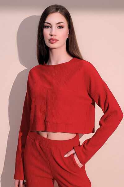 Juuuj Women's Red Long Sleeve Self Textured Pocket Crop Sweatshirt, Loose Cut...