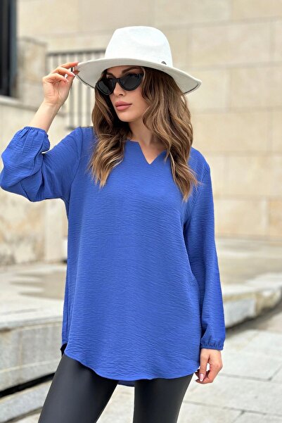 Juuuj Mânecă lungă trei sferturi indigo pentru femei, guler sărut, bluză cu c...