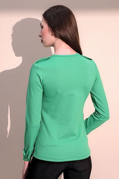 Juuuj Γυναικεία πράσινη μακρυμάνικη ποιοτική μπλούζα με μισό πατιλέτα καμιζόλα με τσέπες σε ίσια κοπή