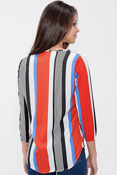 Juuuj Γυναικεία κόκκινη μπλούζα κρεπ με σχισμή με ριγέ μανίκια τριών τετάρτων και φορέστε - Κατάλληλο για το ναυλίσετε