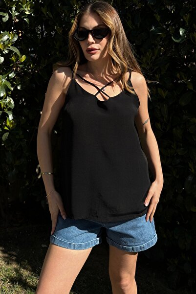 Juuuj Guler cu șir în cruce neagră pentru femei, cu croiala lejeră, bluză cu ...