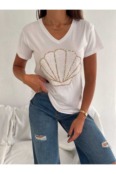 Butik Serdivan Seashell Print Women's T-Shirt Sequin and Sequin Embroidered V-Neck Laderra New Season 100% Cotton Tee Shirt