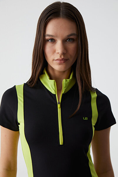 Urban Beat Vickie Women's Stand Collar Zip-Up Black-Pistachio Green T-Shirt