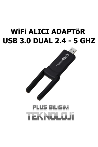 Plus Bilişim Wifi Alıcı Adaptör AC1200 Mbps Usb 3.0 Çift Antenli 2.4 ve 5 Ghz Destekli Tak Kullan