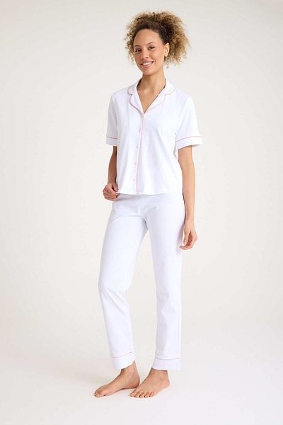 No52 HomeWear 100% Cotton White Color Pink Piping Premium Quality Short Sleeve Women's Pajama Set