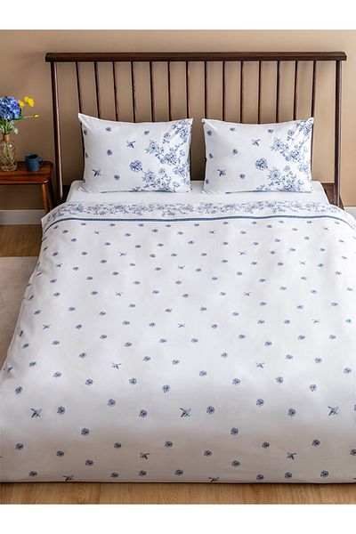 LC Waikiki Set cuvertură dublă cu model de flori albastre 100% bumbac