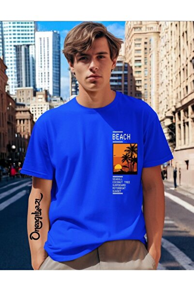 oneagılyazı Мъжка тениска с принт „Плаж“ в голям размер
