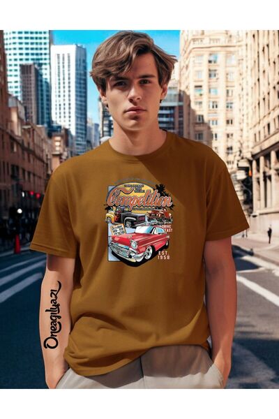 oneagılyazı تي شيرت رجالي كبير الحجم مطبوع عليه سيارة