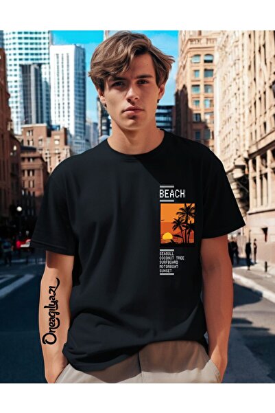oneagılyazı Мъжка тениска с принт „Плаж“ в голям размер