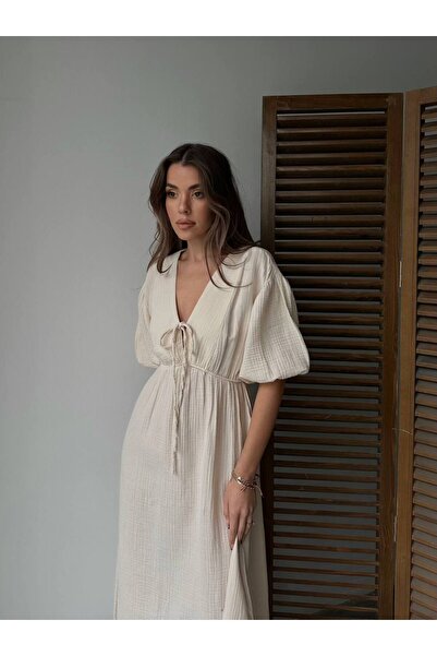Lusin Kadın V Yaka Bej Müslin Kumaş Kısa Kol Elbise