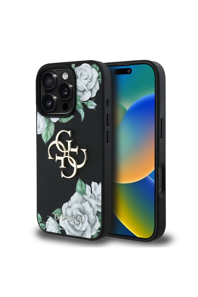 Guess iPhone 16 Pro Max Kılıf Guess Lisanslı Beyaz Gül Baskılı Büyük 4G Metal...