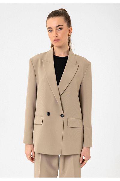 Antioch Beige Women's Double Breasted Closure Oversize Blazer Jacket